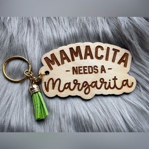 Wood handmade keychain with tassel: Mamacita needs a margarita